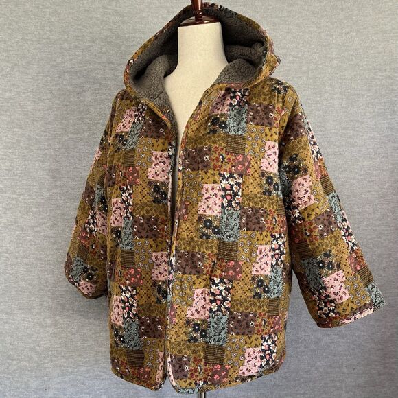 Patchwork Boho Fleece Chore Coat M/L Hooded Reversible Embroidered Cottagecore - Picture 4 of 12